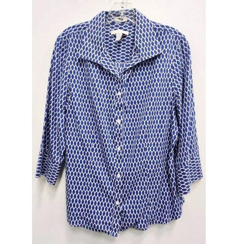 Chicos Non-Iron Button Down Shirt Womens Large Blue White Printed 3/4 Sleeve Top